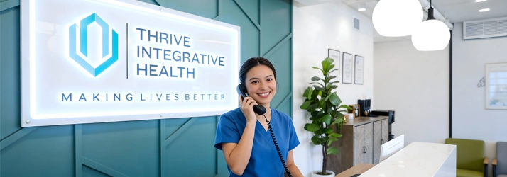 Front desk smiling while answering the phone.