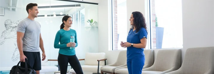 Dr. Christina Wellner conversing with two athletic patients