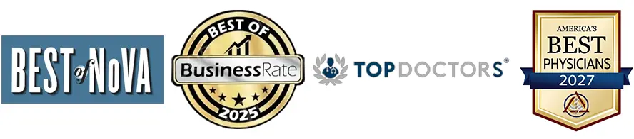 Associate award logos featuring Best of NOVA, BusinessRate 2025, Top Doctors, and America’s Best Physicians 2027